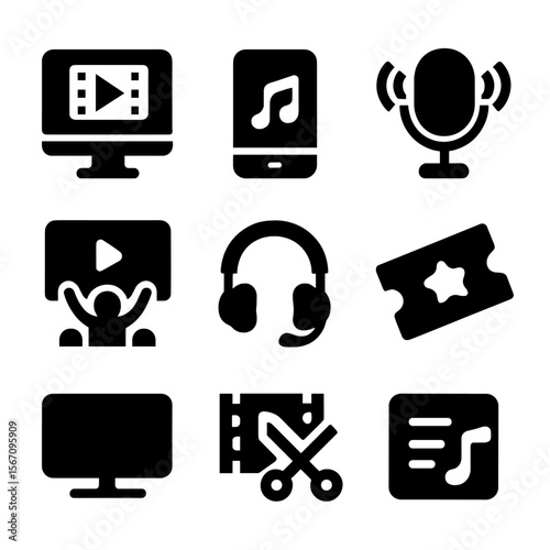 Virtual Entertainment Icons. Solid, filled icon set of Virtual entertainment: movie streaming, music player, podcast, virtual