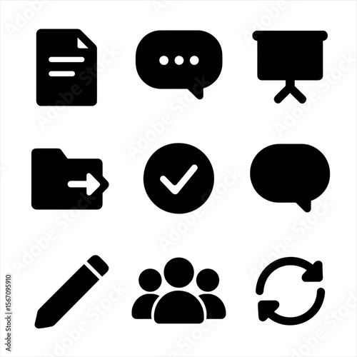 Virtual Collaboration Icons. Solid, filled icon set of virtual collaboration: shared document, chat window, whiteboard, file