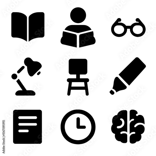 Study Icon Grid. Solid, filled icon set of reading and studying: open book, student with book, reading glasses, desk lamp, study