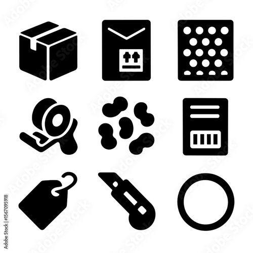 Postal Packaging Icons. Solid, filled icon set of postal packaging materials: cardboard box, padded envelope, bubble wrap, tape