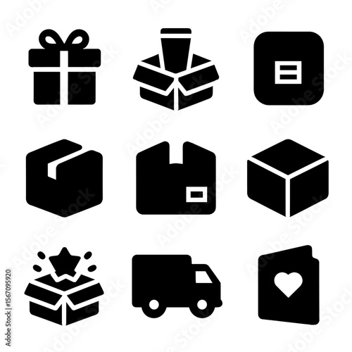 Subscription Box Icons. Solid, filled icon set of subscription boxes: gift box, product sample, monthly label, sealed package,
