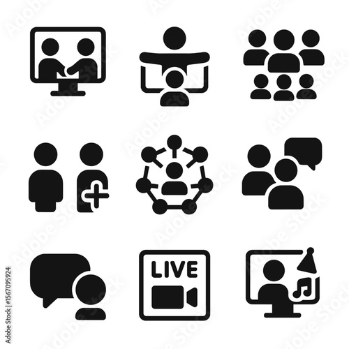 Virtual Social Icons. Solid, filled icon set of Virtual social interactions: avatar handshake, virtual hug, online group, friend