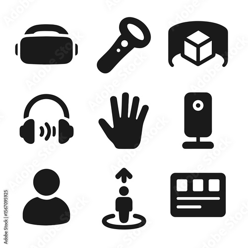 Virtual Reality Icon Set. Solid, filled icon set of virtual reality tools: VR headset, motion controller, 3D environment, spatial