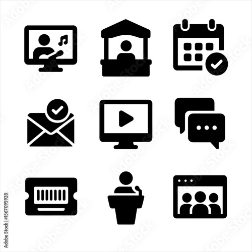 Virtual Events Icons. Solid, filled icon set of virtual events: online concert, virtual expo booth, event calendar, RSVP icon,