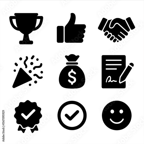 Success Icons Grid. Solid, filled icon set of deal closing and success: trophy, thumbs up, handshake, confetti, money bag, signed