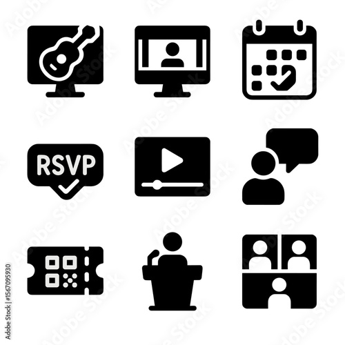 Virtual Events Icons. Solid, filled icon set of virtual events: online concert, virtual expo booth, event calendar, RSVP icon,