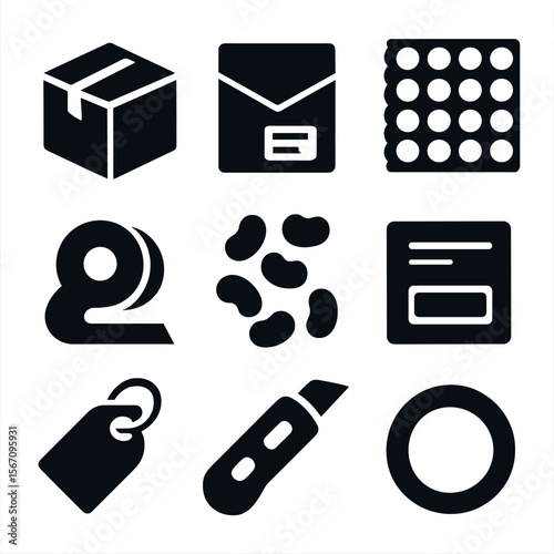 Postal Packaging Icons. Solid, filled icon set of postal packaging materials: cardboard box, padded envelope, bubble wrap, tape