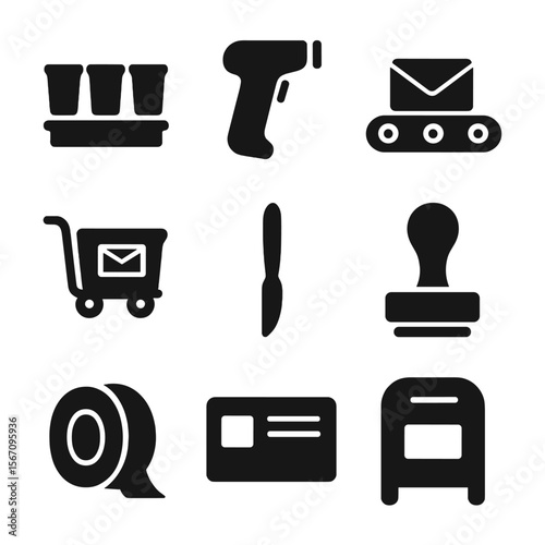 Postal Service Icons. Solid, filled icon set of postal service tools: sorting bins, barcode scanner, conveyor belt, mail cart,