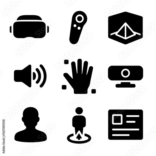 Virtual Reality Icon Set. Solid, filled icon set of virtual reality tools: VR headset, motion controller, 3D environment, spatial