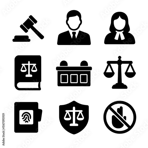 Legal Icons Grid. Solid, filled icons set of offense vs defense in legal context: gavel, prosecutor icon,
