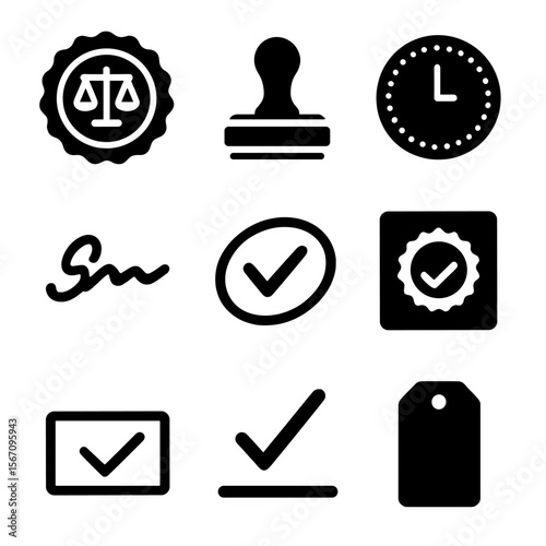 Legal Ink Icons Grid. Solid, filled icons set of legal ink markings: court seal, registrar stamp,