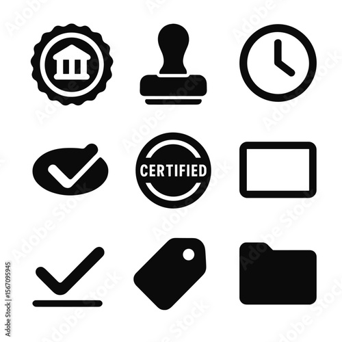 Legal Ink Icons Grid. Solid, filled icons set of legal ink markings: court seal, registrar stamp,