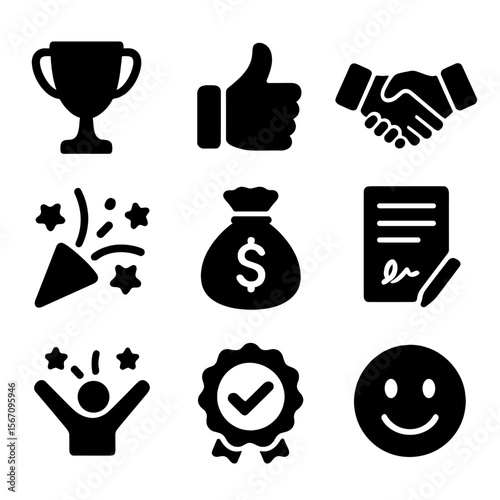 Success Icons Grid. Solid, filled icon set of deal closing and success: trophy, thumbs up, handshake, confetti, money bag, signed