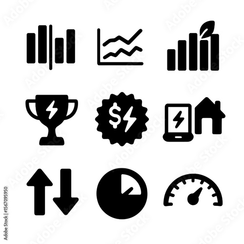 Power Usage Icons Grid. Solid, filled icon set of power usage comparison tools: compare bars, dual line chart, usage rank, best