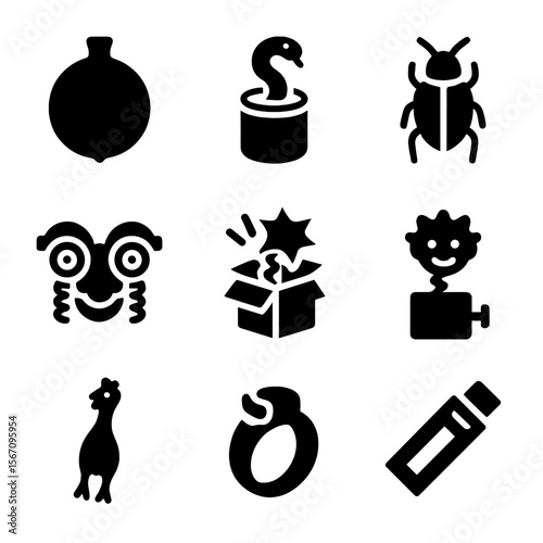 Prank Icon Collection. Solid, filled icon set of prank-style surprises: whoopee cushion, spring snake can, fake bug, silly glasses