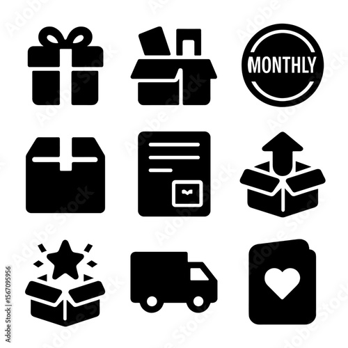 Subscription Box Icons. Solid, filled icon set of subscription boxes: gift box, product sample, monthly label, sealed package,