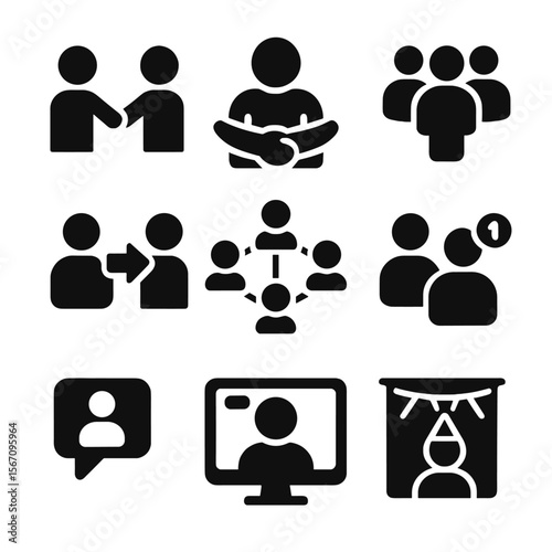 Virtual Social Icons. Solid, filled icon set of Virtual social interactions: avatar handshake, virtual hug, online group, friend