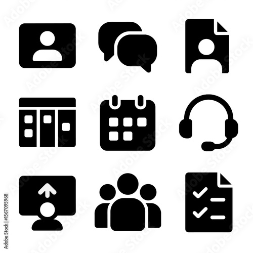 Virtual Teamwork Icons. Solid, filled icon set of virtual teamwork: video call, chat bubbles, shared document, project board,