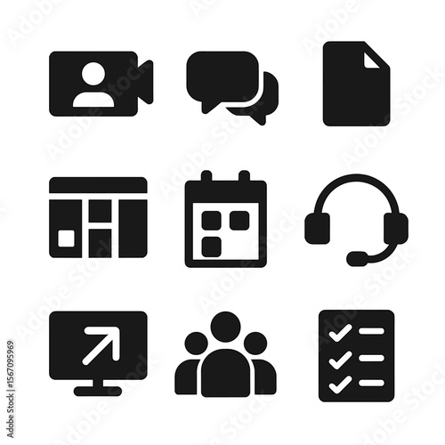 Virtual Teamwork Icons. Solid, filled icon set of virtual teamwork: video call, chat bubbles, shared document, project board,