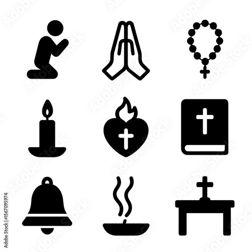 Prayer Icon Set. Solid, filled icon set of prayer and meditation: kneeling figure, prayer hands, rosary, candle, sacred heart,