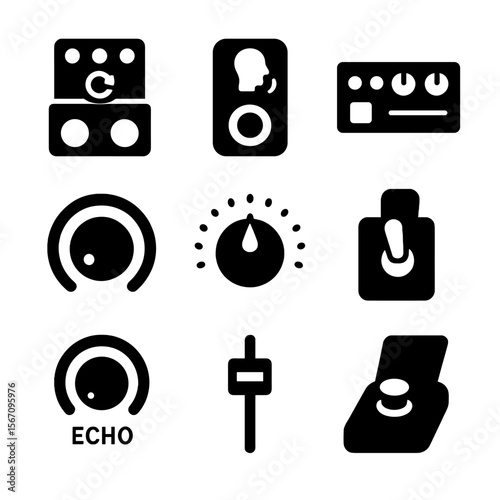 Vocal Effects Icons. Solid, filled icon set of live vocal effects equipment: loop station, vocal pedal, effects rack, reverb