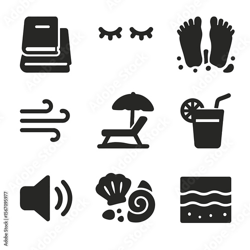 Summer Relaxation Icons. Solid, filled icon set of relaxing summer elements: book on towel, closed eyes, feet in sand, breeze