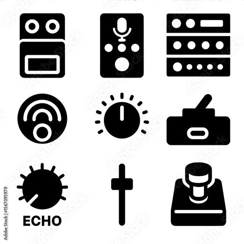 Vocal Effects Icons. Solid, filled icon set of live vocal effects equipment: loop station, vocal pedal, effects rack, reverb