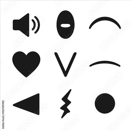 Vocal Expression Icons. Solid, filled icon set of vocal expression tools: dynamics control, tone color, phrasing mark, emotional