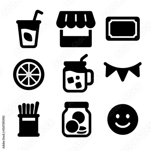 Lemonade Stand Icons. Solid, filled icons set of lemonade stand decor and ideas for kids: lemonade cup,