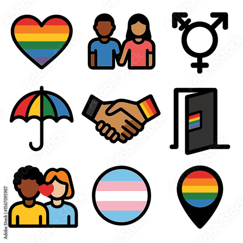 LGBTQ+ Icons Collection. Solid, filled icons set of LGBTQ+ stereotype resistance: pride heart, diverse couple