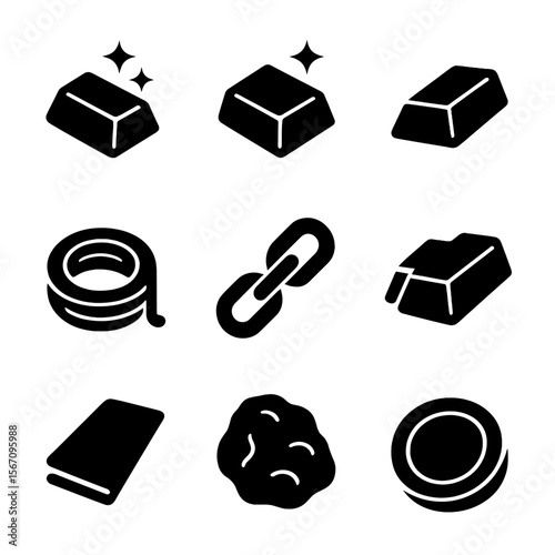 Precious Metals Icons. Solid, filled icon set of precious metals and materials: gold bar, silver ingot, platinum bar, copper coil,
