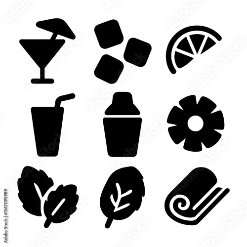 Summer Cocktail Icons. Solid, filled icon set of summer cocktails by the pool: cocktail glass, umbrella, ice cubes, lime wedge,
