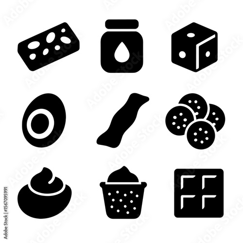 Sugar-Free Snack Icons. Solid, filled icon set of sugar-free snacks: nut bar, peanut butter, cheese cube, hard-boiled egg, jerky