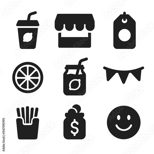 Lemonade Stand Icons. Solid, filled icons set of lemonade stand decor and ideas for kids: lemonade cup,