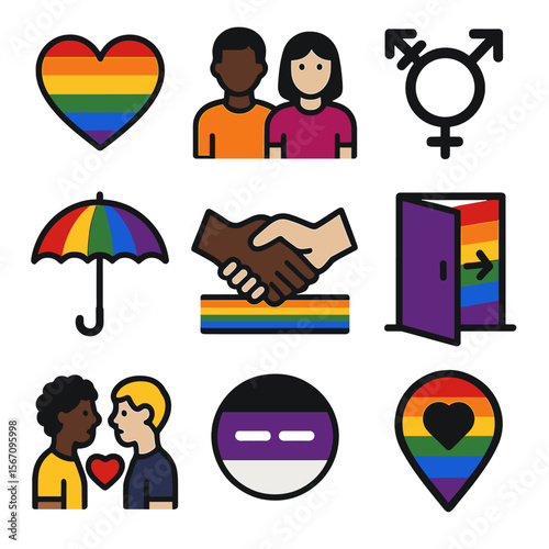 LGBTQ+ Icons Collection. Solid, filled icons set of LGBTQ+ stereotype resistance: pride heart, diverse couple