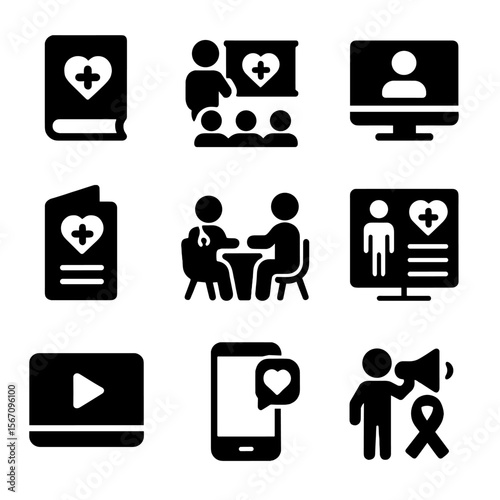 Preventive Healthcare Icons. Solid, filled icon set of preventive healthcare education: health book, seminar, webinar, pamphlet,