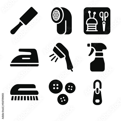 Wardrobe Tools Icons. Solid, filled icon set of wardrobe maintenance tools: lint roller, fabric shaver, sewing kit, iron, steamer,