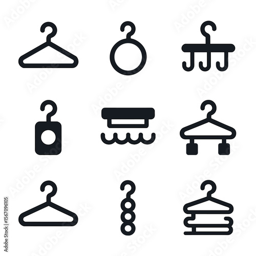 Wardrobe Accessory Icons. Solid, filled icon set of wardrobe accessories: clothes hanger, scarf holder, jewelry hook, belt loop,