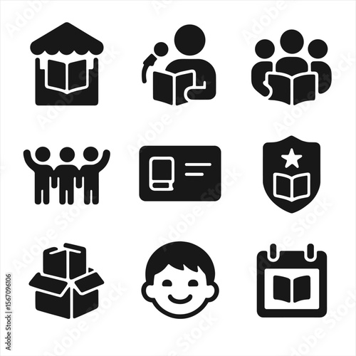 Literacy Event Icons. Solid, filled icons set of literacy events and community outreach: book fair,