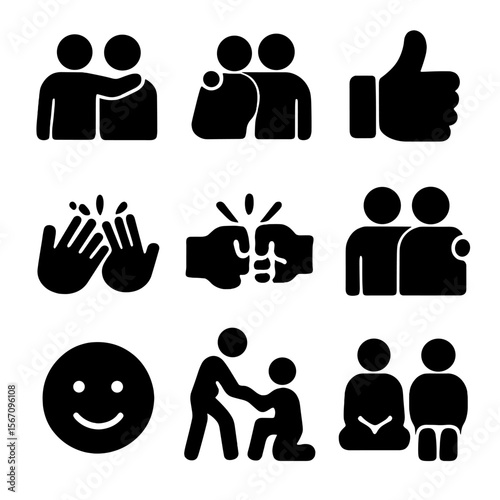 Supportive Gesture Icons. Solid, filled icon set of supportive gestures: pat on back, side hug, thumbs up, applause, fist bump,