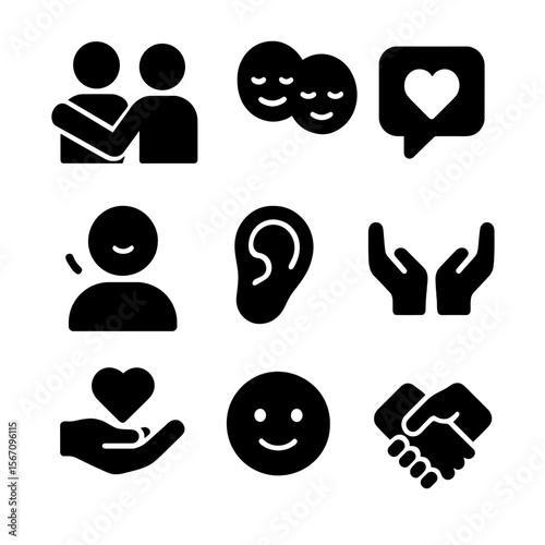Supportive Conversation Icons. Solid, filled icon set of supportive conversation: hand on shoulder, calm faces, heart in chat
