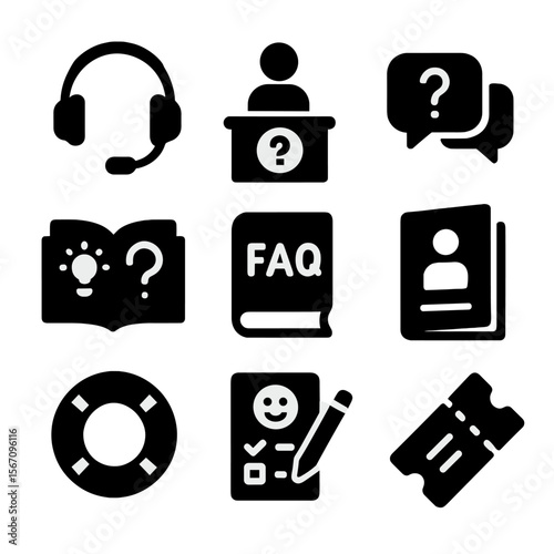 Support Icon Grid. Solid, filled icon set of member support and assistance: headset, help desk, chat support, knowledge base, FAQ