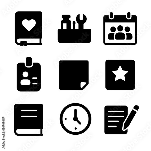 Support Tools Icons. Solid, filled icon set of support materials and tools: self-help book, coping toolkit, group schedule, name