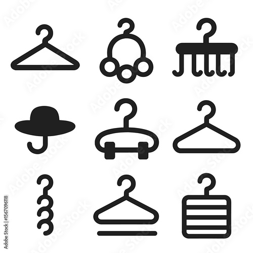Wardrobe Accessory Icons. Solid, filled icon set of wardrobe accessories: clothes hanger, scarf holder, jewelry hook, belt loop,