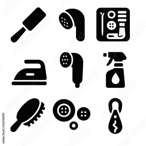 Wardrobe Tools Icons. Solid, filled icon set of wardrobe maintenance tools: lint roller, fabric shaver, sewing kit, iron, steamer,