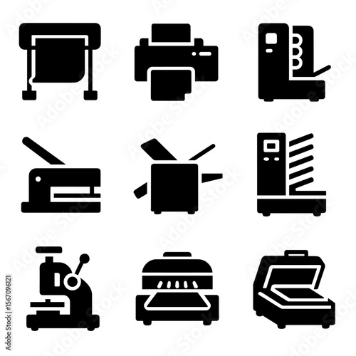 Printing Equipment Icons. Solid, filled icon set of print shop equipment: large format printer, digital printer, offset press,