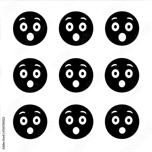 Surprised Faces Icons. Solid, filled icon set of funny faces with expressions of surprise: wide eyes, open mouth, raised eyebrows,