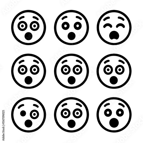 Surprised Faces Icons. Solid, filled icon set of funny faces with expressions of surprise: wide eyes, open mouth, raised eyebrows,