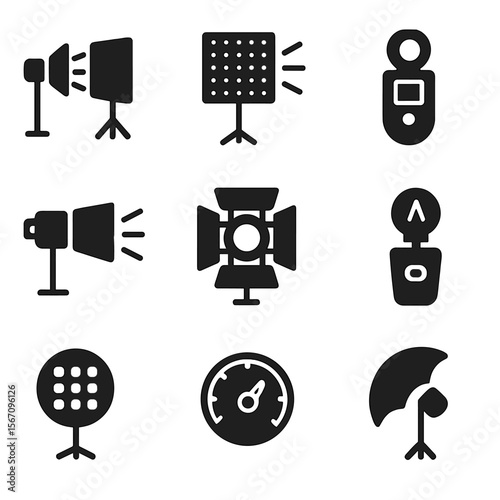 Lighting Setup Icons. Solid, filled icons set of lighting setup variations: bounce board, diffusion sheet,