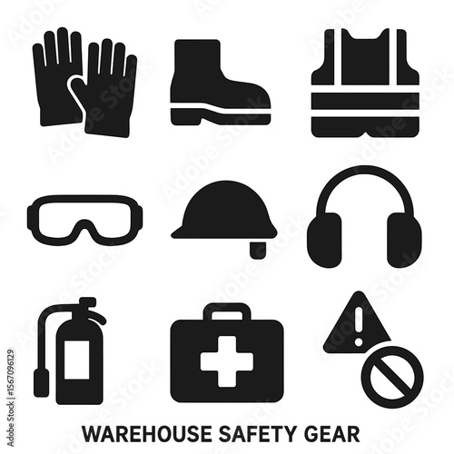 Warehouse Safety Icons. Solid, filled icon set of warehouse safety gear: safety gloves, protective boots, high-visibility vest,